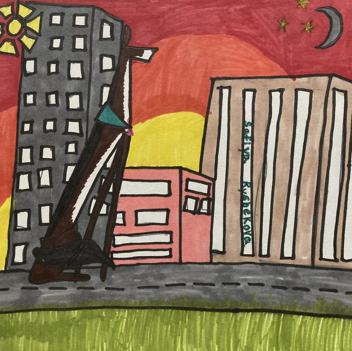 Buildings with red sunset