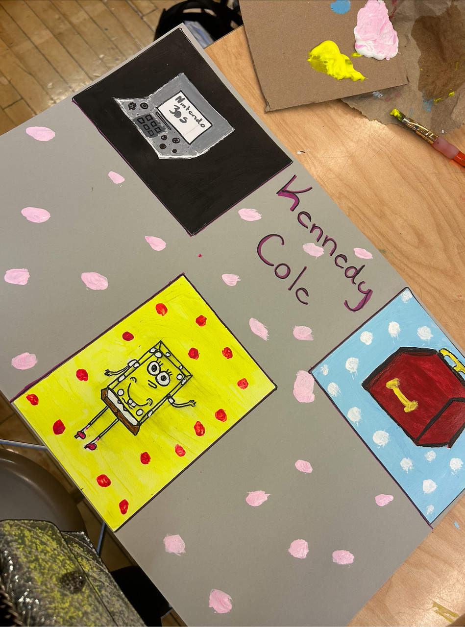 Grey background with polka dots. Three sections with a Nintendo 64, Spongebob, and a red box