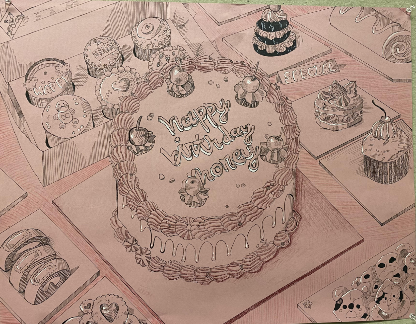 Pink and black birthday cake