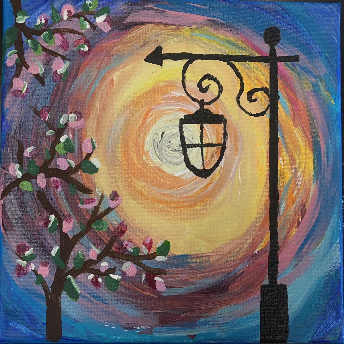 Paintain of a lantern with flowering trees in the surrounding and a yellow and white swirled background.