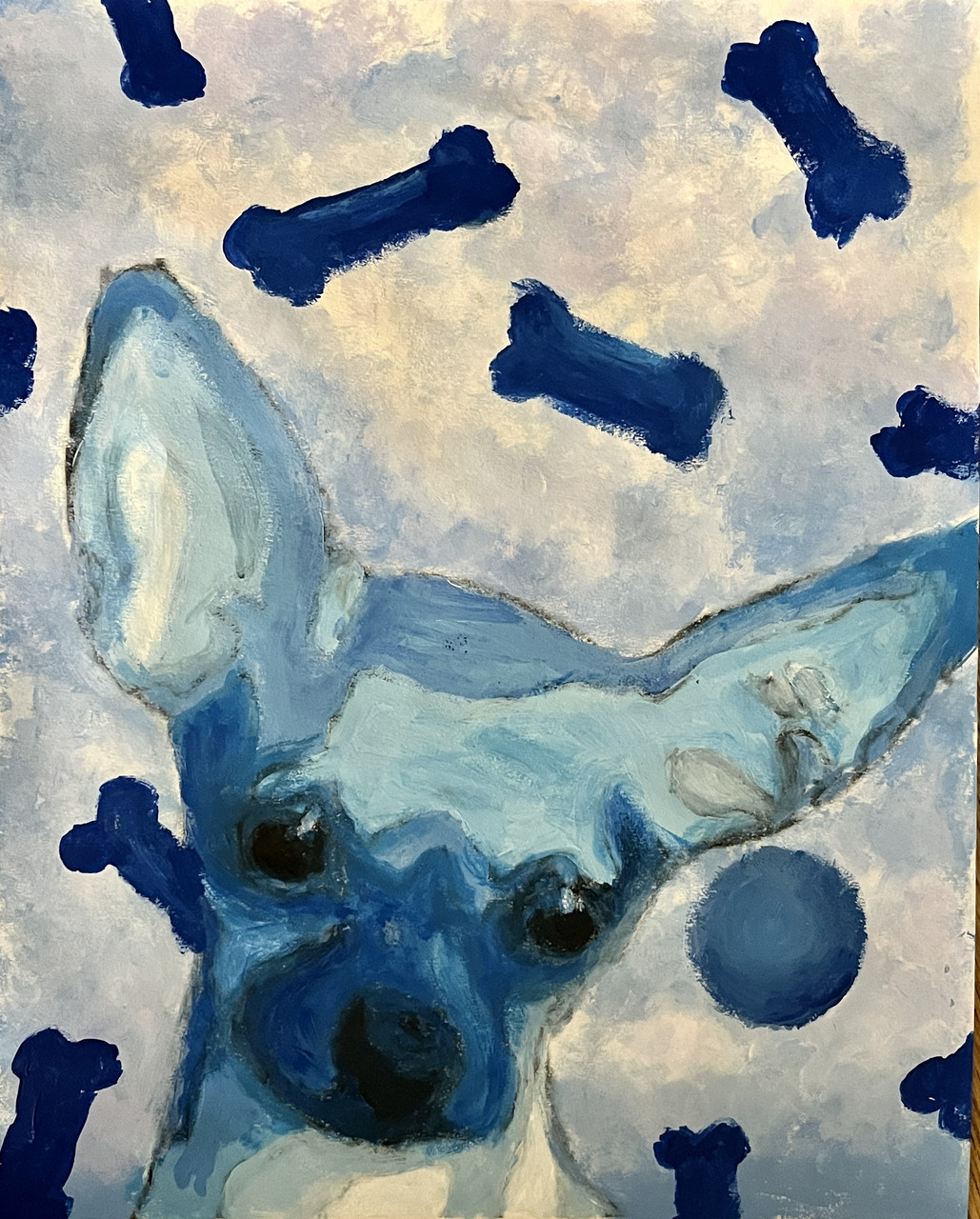 A painting of a chihuahua with bones in the background, painted in blue