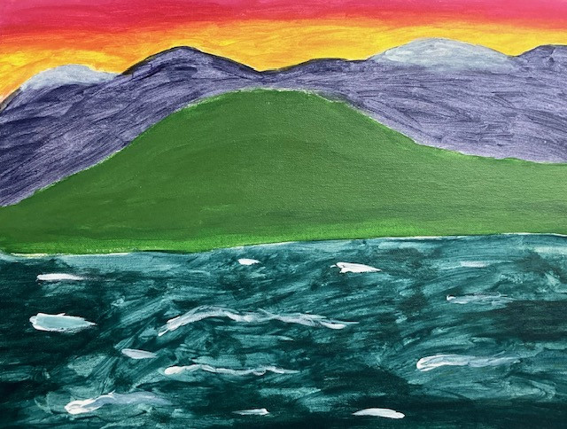 Painting of a colorful mountain landscape.