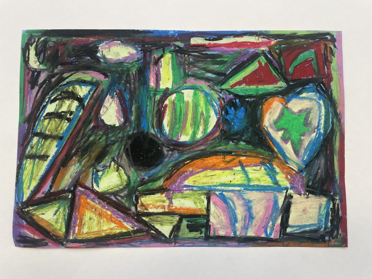 Mainly geometric shapes colored in messy green, blue, orange, and pink strokes