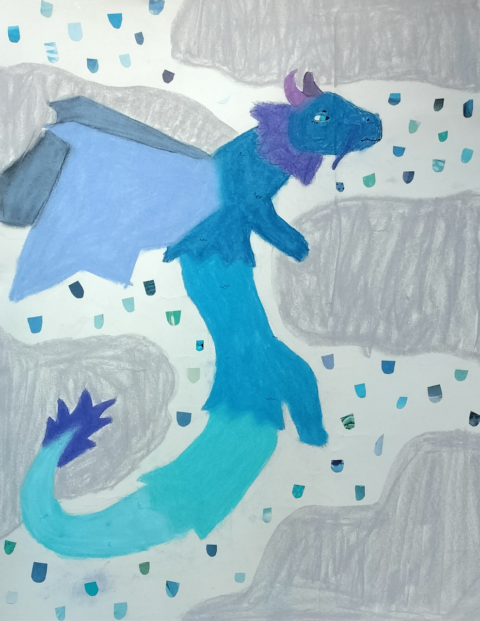 Blue dragon in rain clouds