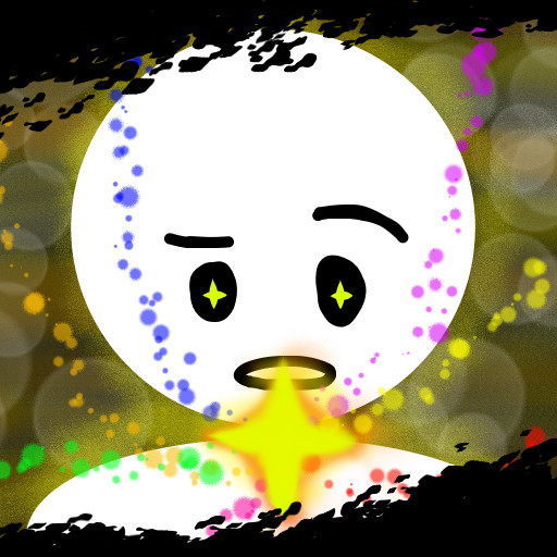 A large white circle figure has a face and stars sorrounding it