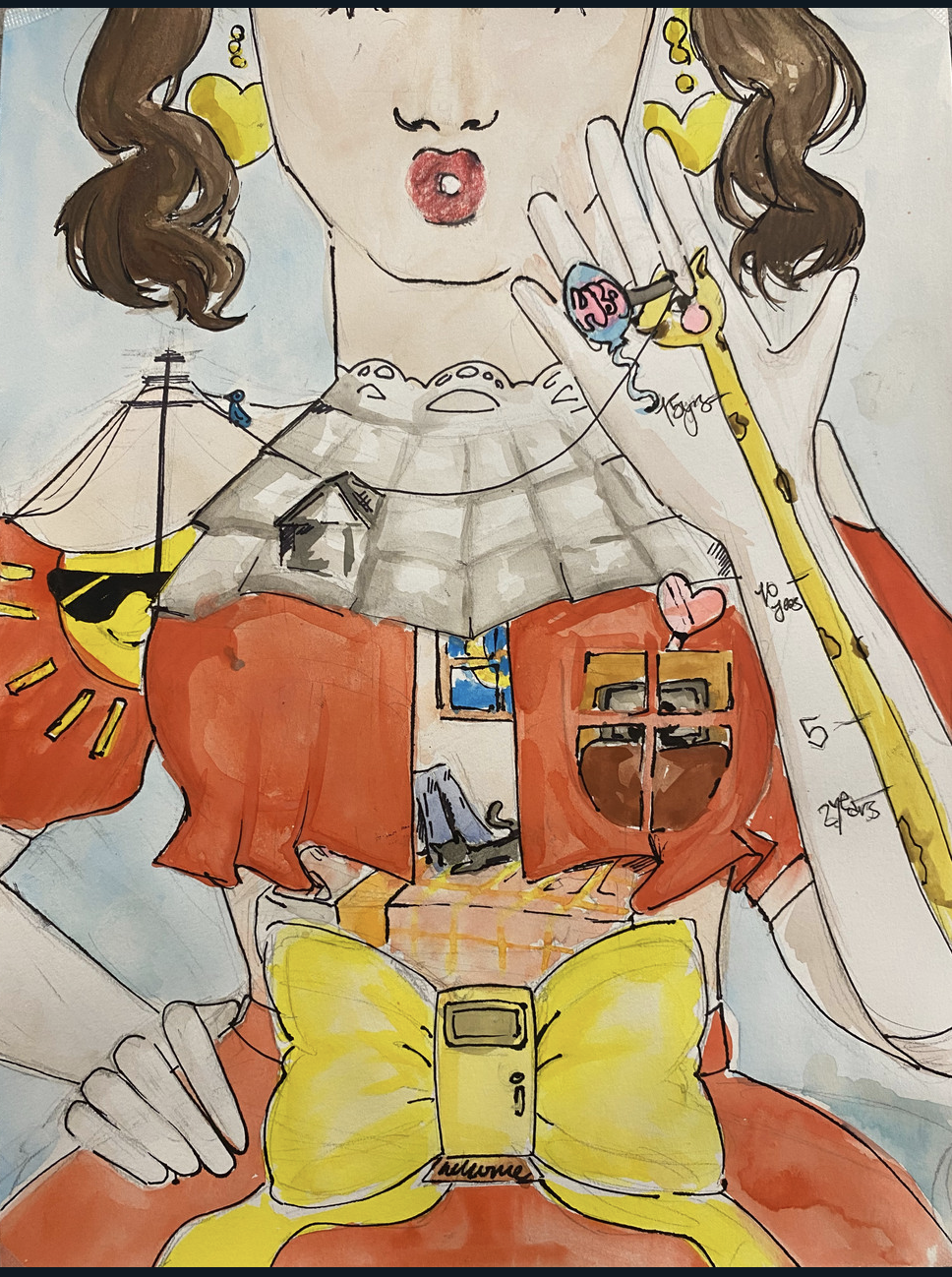 Central focus on orange dressed indivifual with yellow bow