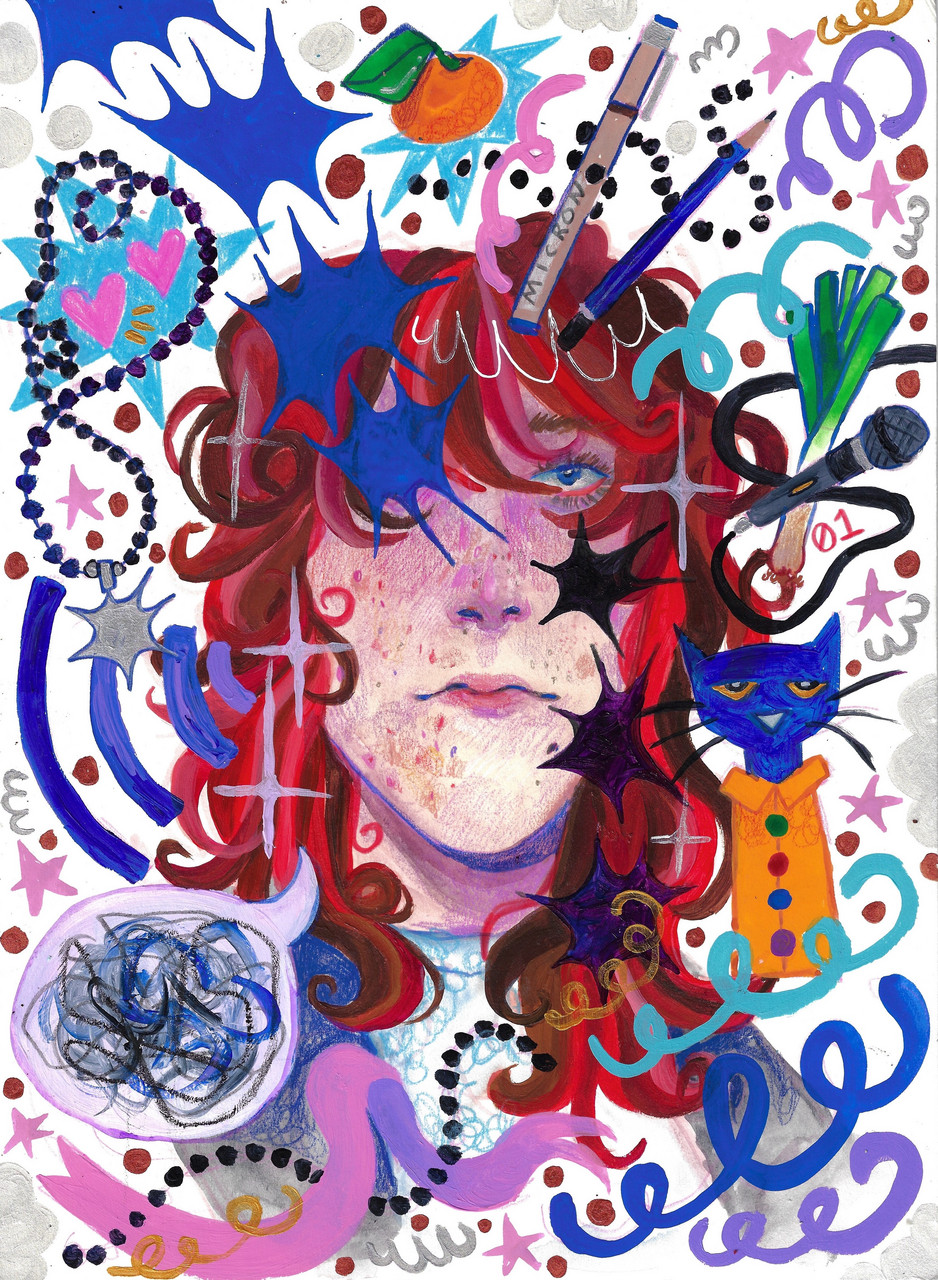 A person drawn with red hair. Many smaller drawings surround them like a blue cats, many stars and other blue lines and shapes.
