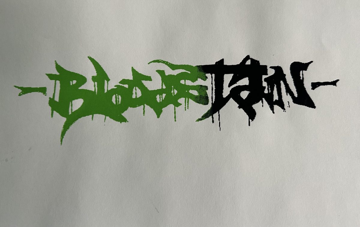 Graffiti with the word "bloodstain" in a black and green gradient