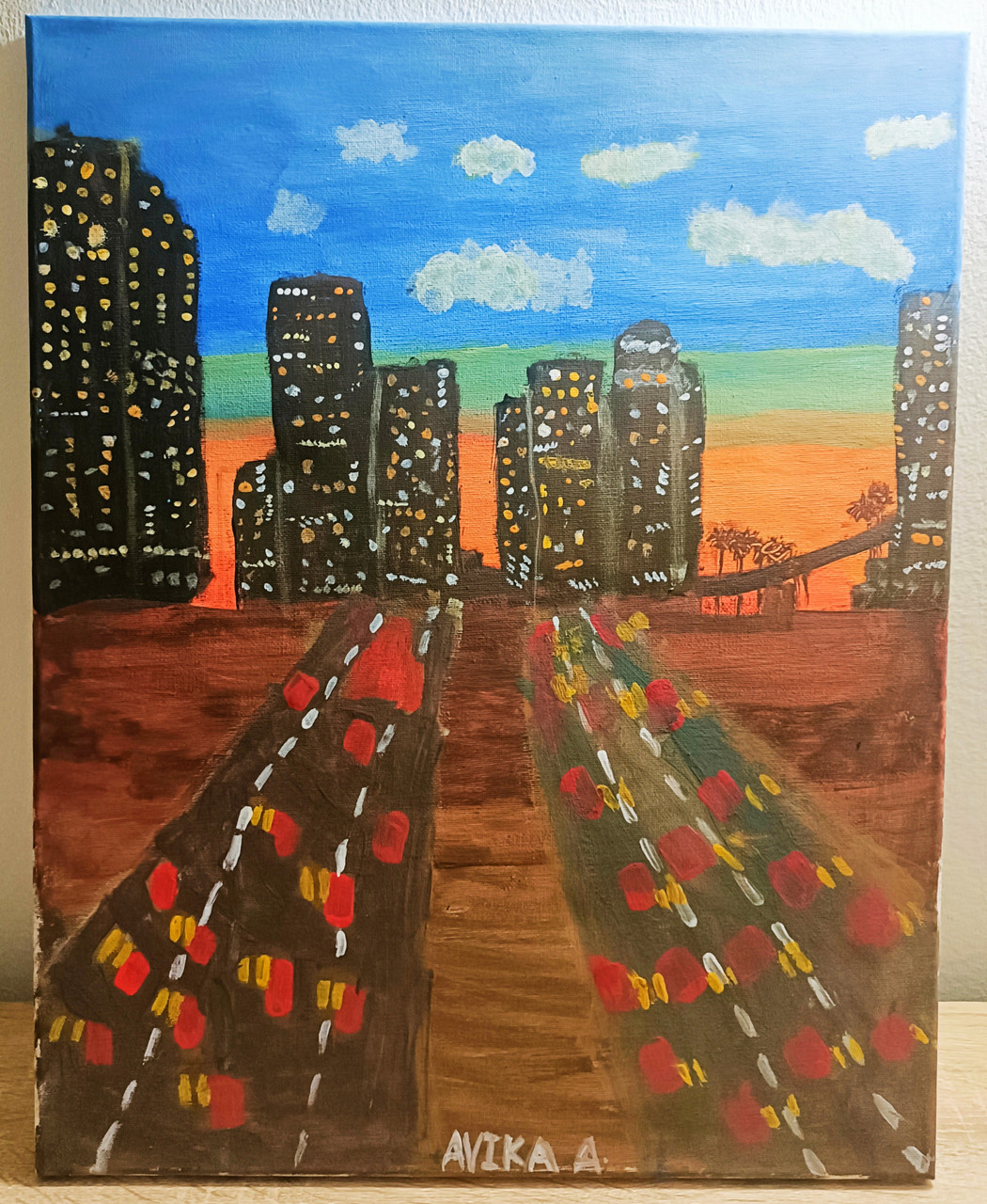 Point of view painting of road leading to skyline with many lights. Pink, green, and blue sky behind.