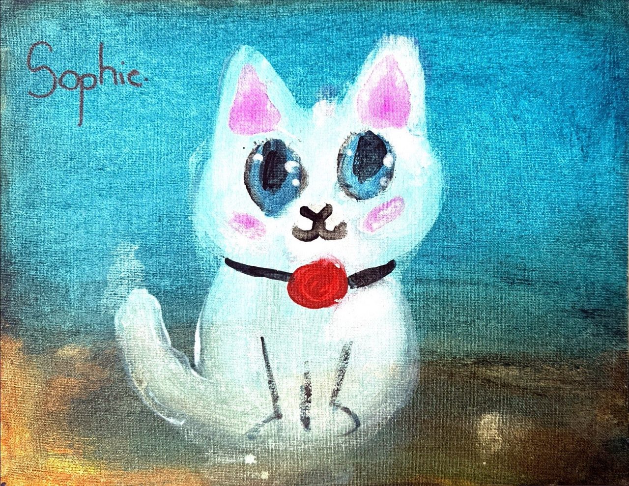 A painting of a white cat against a blue background