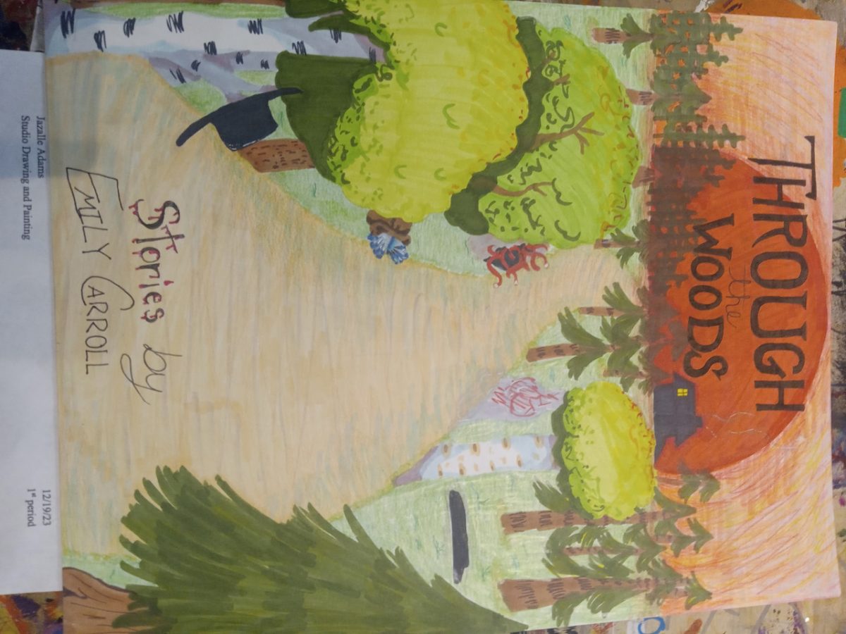 Birch, spruce, and oak forest with a large path in the middle. A big orange sun with the words Through the Woods are on the horizon