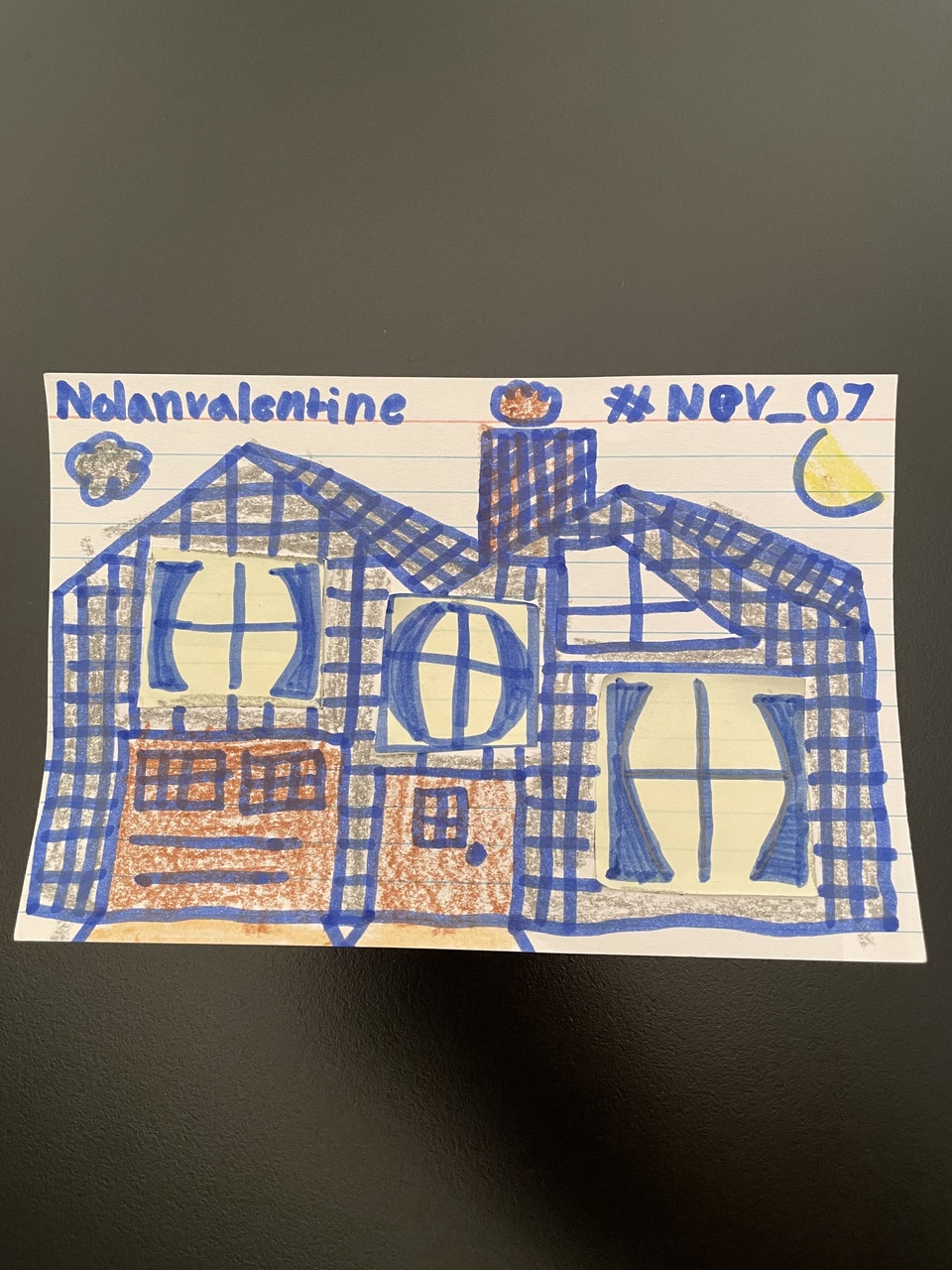 index card, sticky notes, marker and crayon mansion house