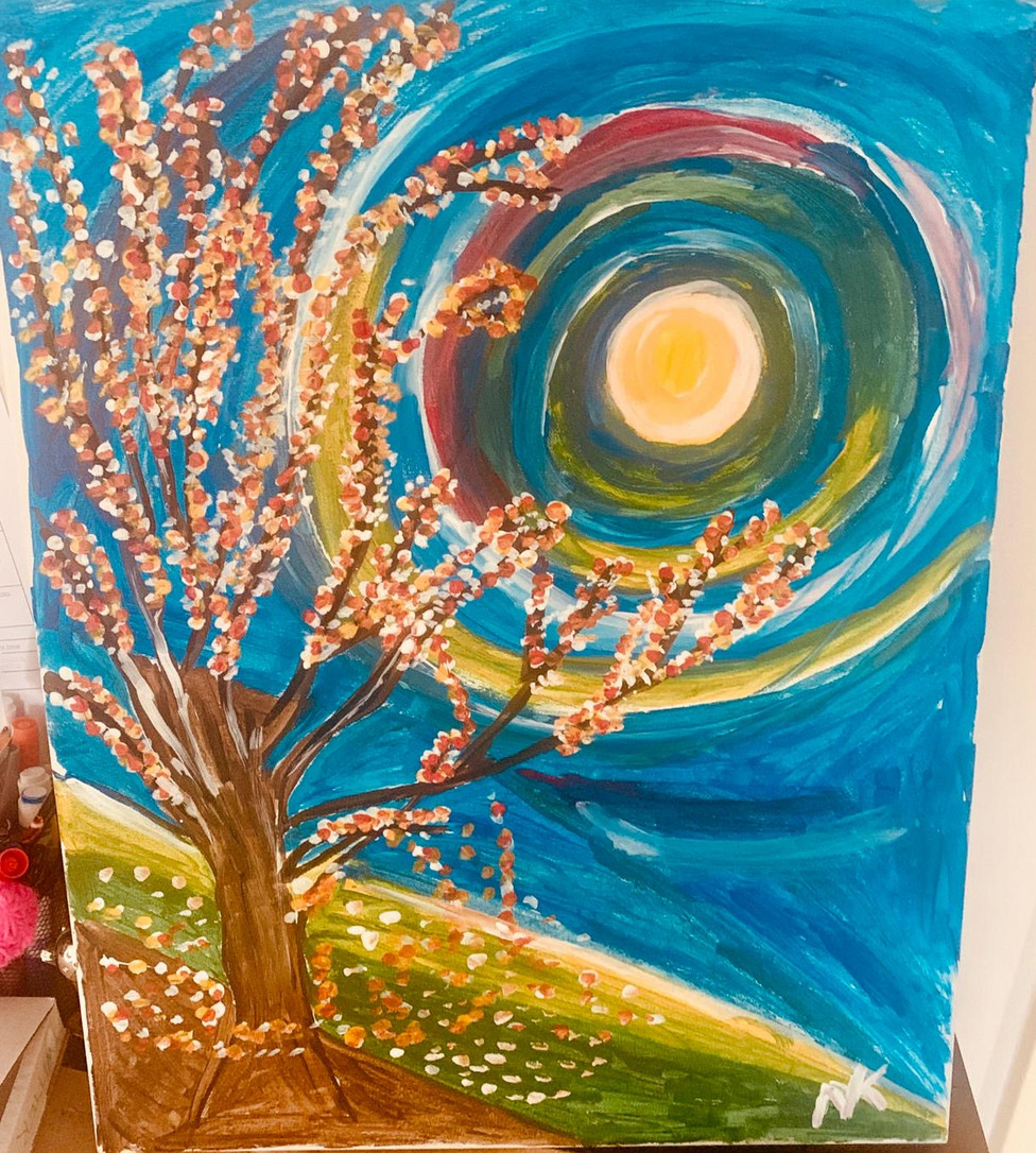 Blue sky morphs into budding tree on hill. Circles in sky of red, blue, and orange.