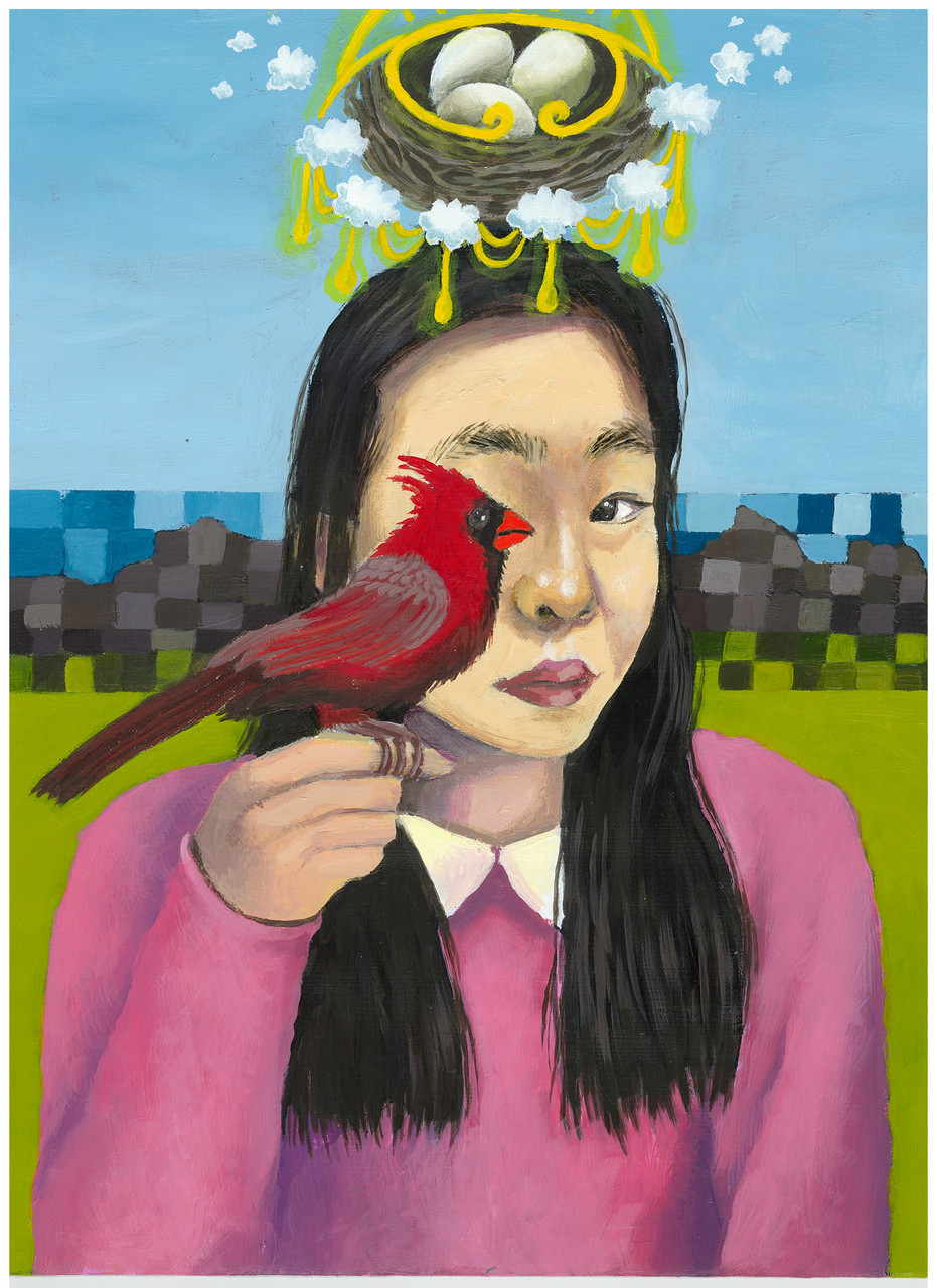 Painting of girl wearing pink sweater with a cardinal in front of her eye.