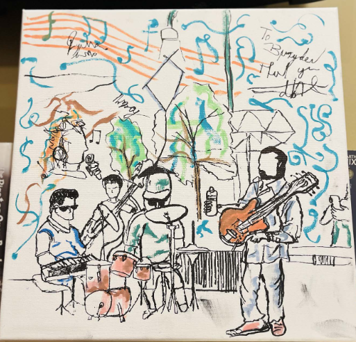 Drawing of a band with a guitarist, drummer, and other instruments. Background of blue and orange with some squiggles and some music notes.