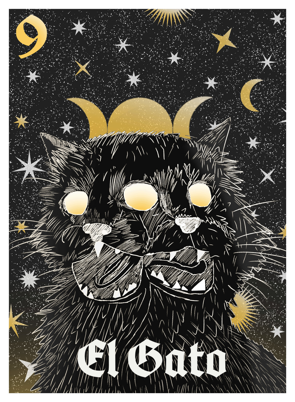 Playing card. Two cat heads morphed together. Background of stars and a moon over black.