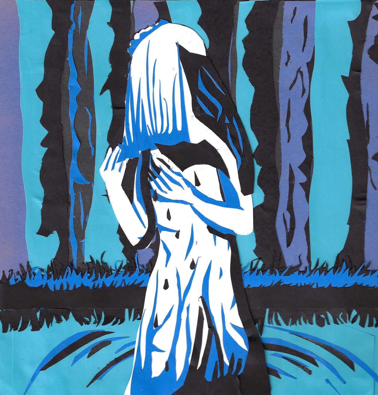 A woman in a slim white gown in a dark forest with black tree bark and greenish blue water