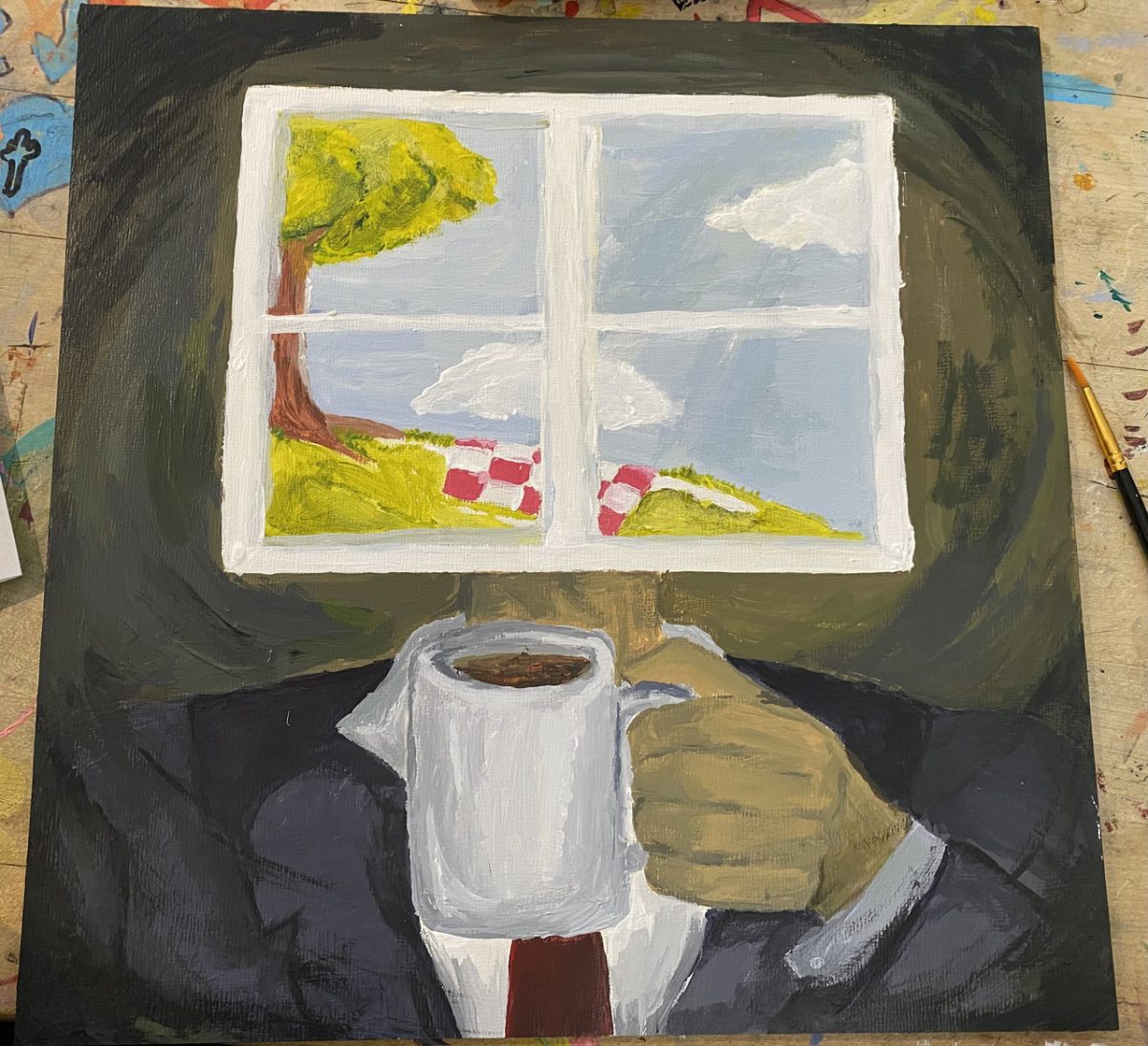 Human figure wearing a business suit holding a mug of coffee to what is supposed to be its head. The head is instead a window with a bright blue sky and a picnic blanket underneath a tree