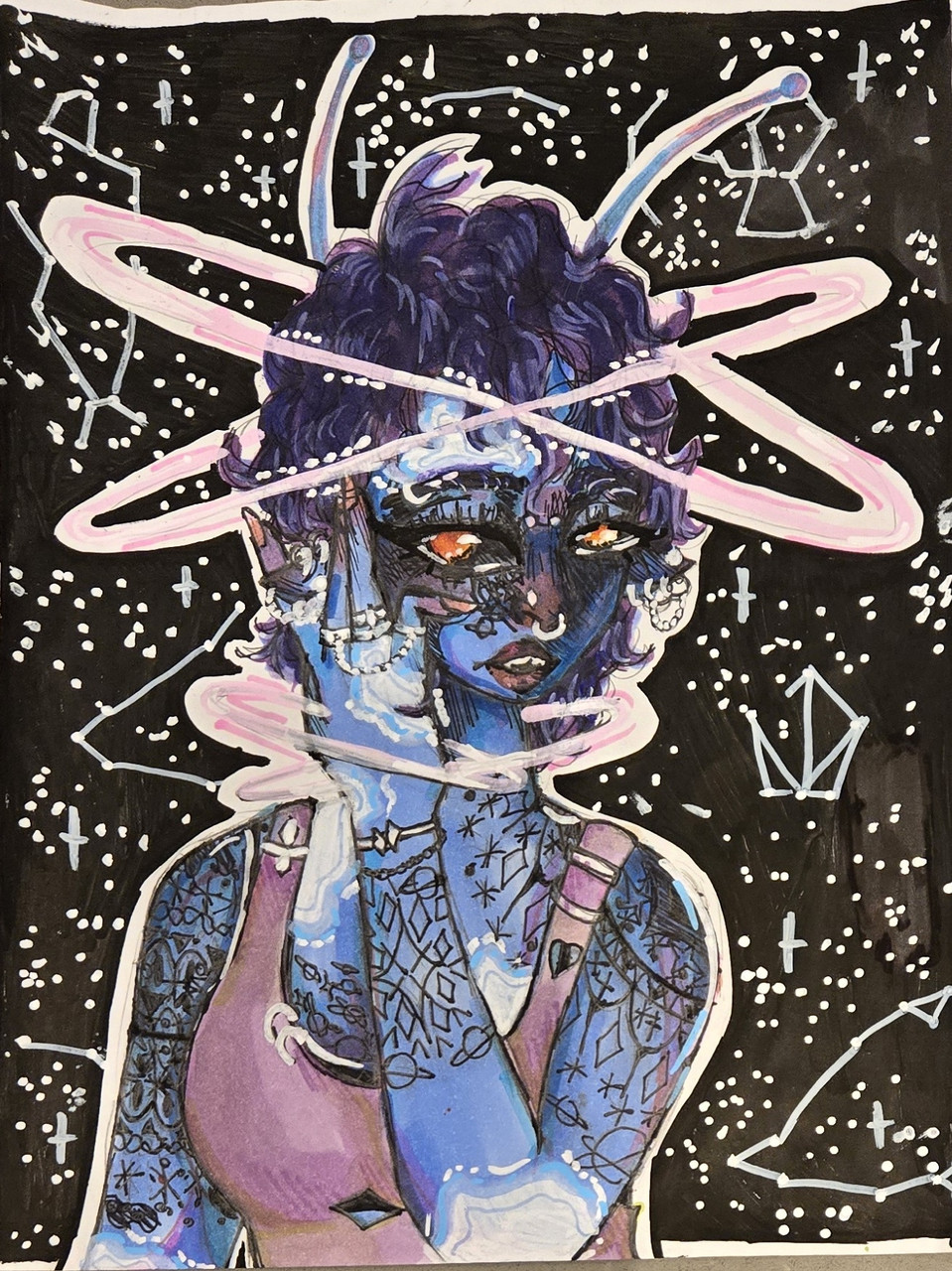 An illustration of a person, with space imagery and elements as part of the character as well as the background.