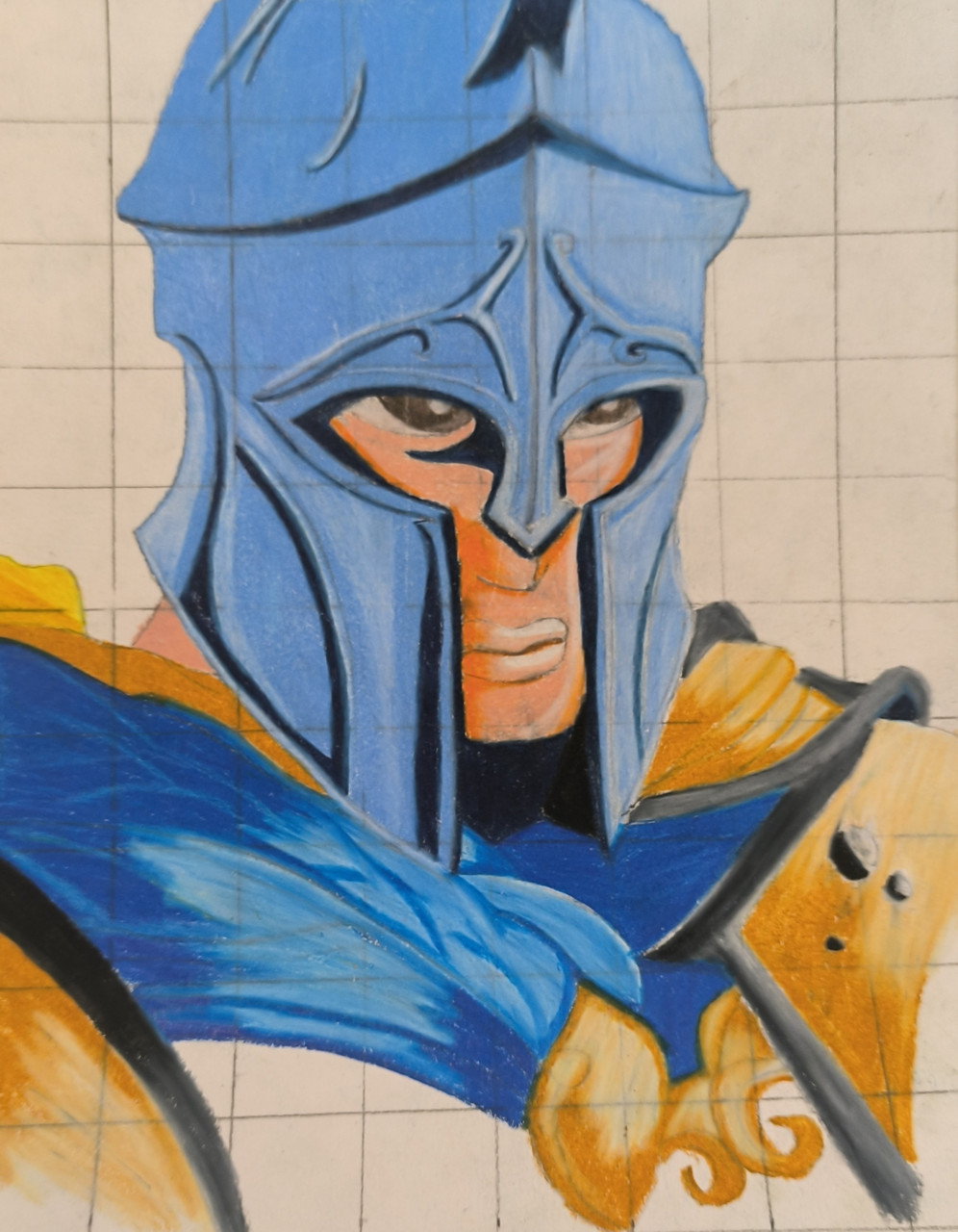 headshot 3/4 view of a spartan warrior wearing a blue helmet and yellow and blue armor