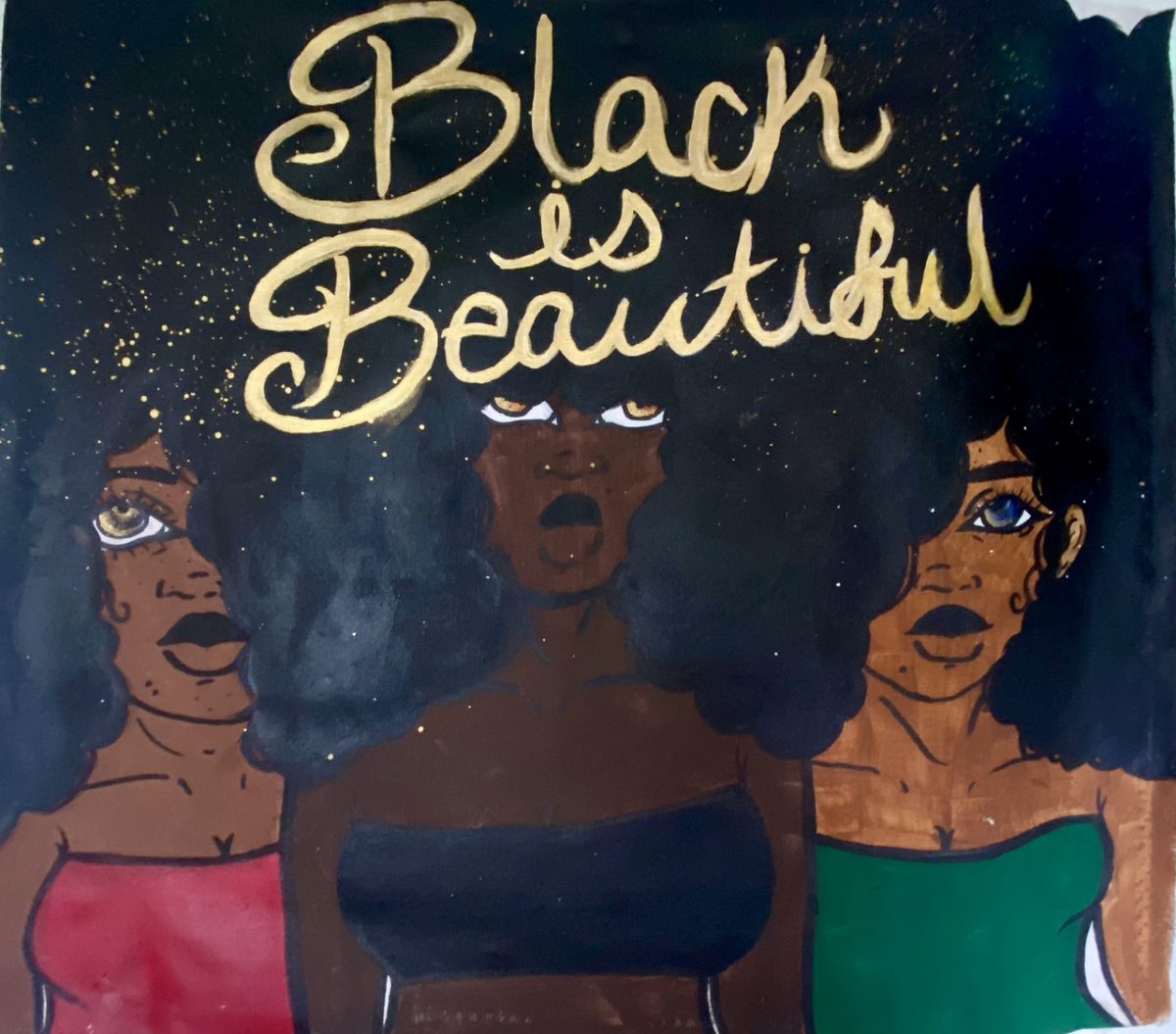 Drawing of three black women with a blue background and the words "Black is Beautiful" written above.