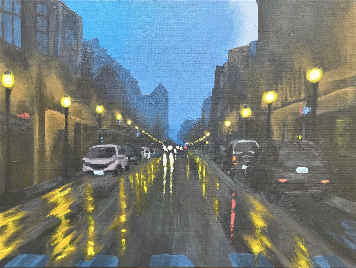 One point of perspective of a street from the point of view as a driver. The sky is a dark blue and the streetlights are illuminating a wet street