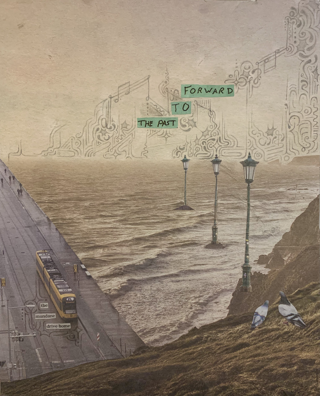 Collage with road, sea, and seaside, with lamps in the water.