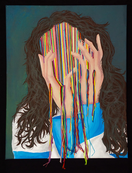 Image of a girl with threads covering her face and draping over her raised hands.