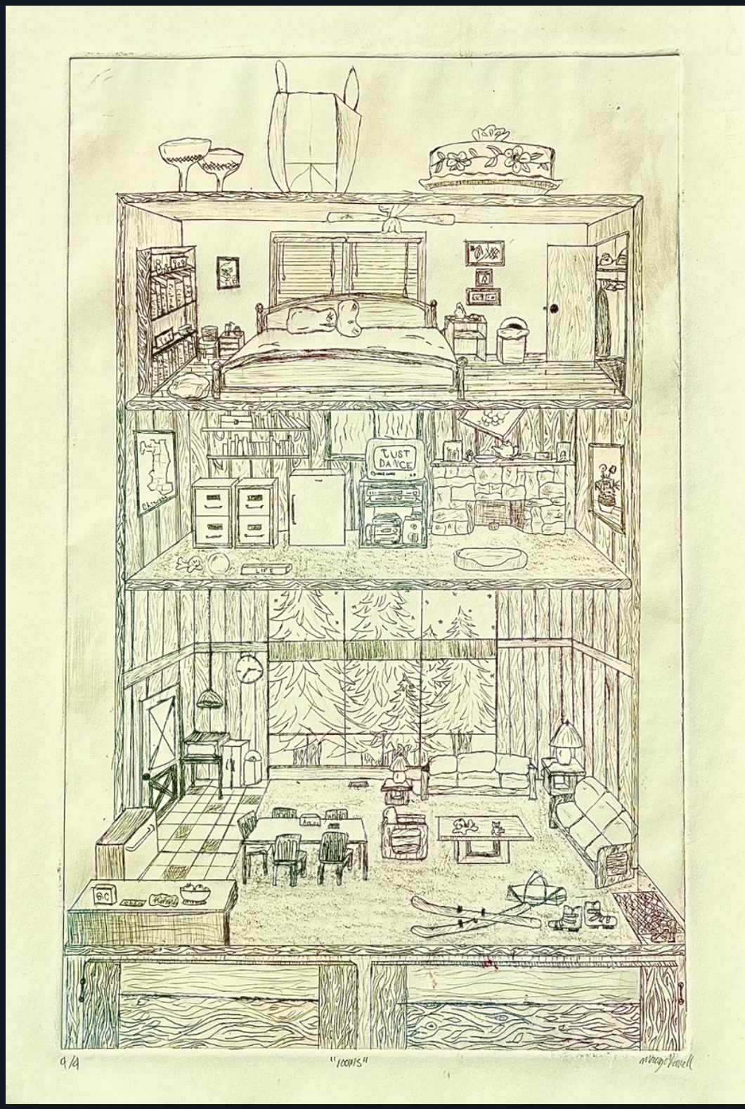 Drypoint illustration of rooms.