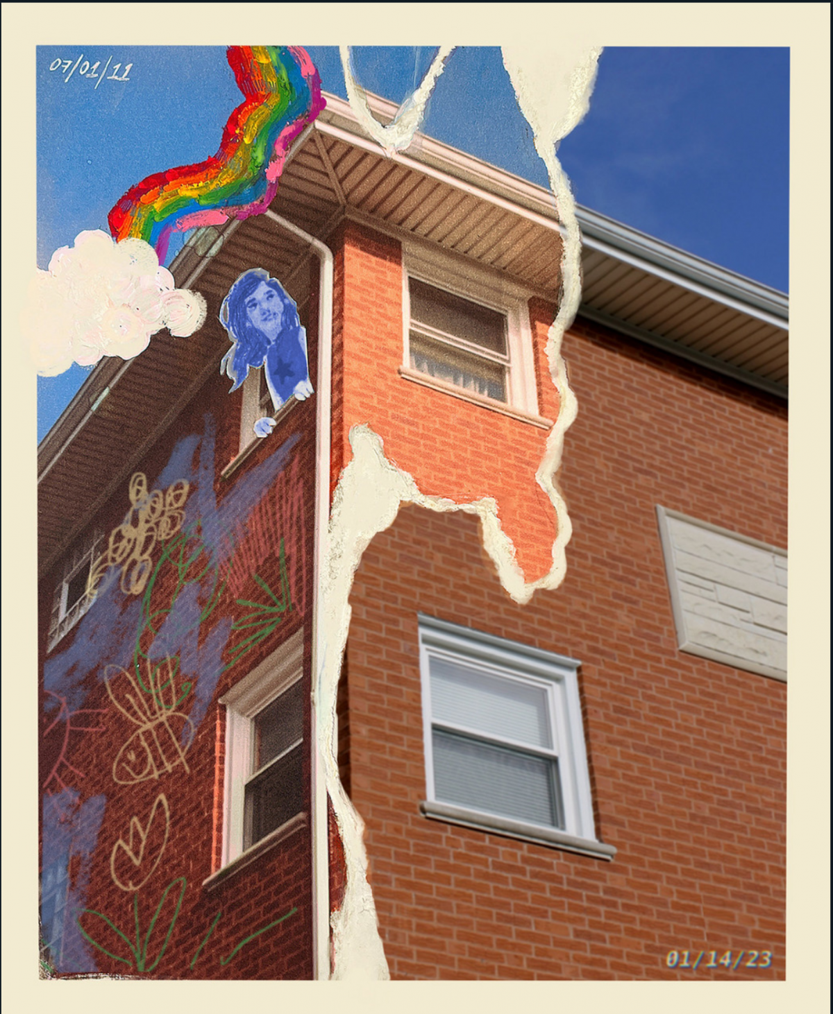 Corner of building appearing as ripped paper.