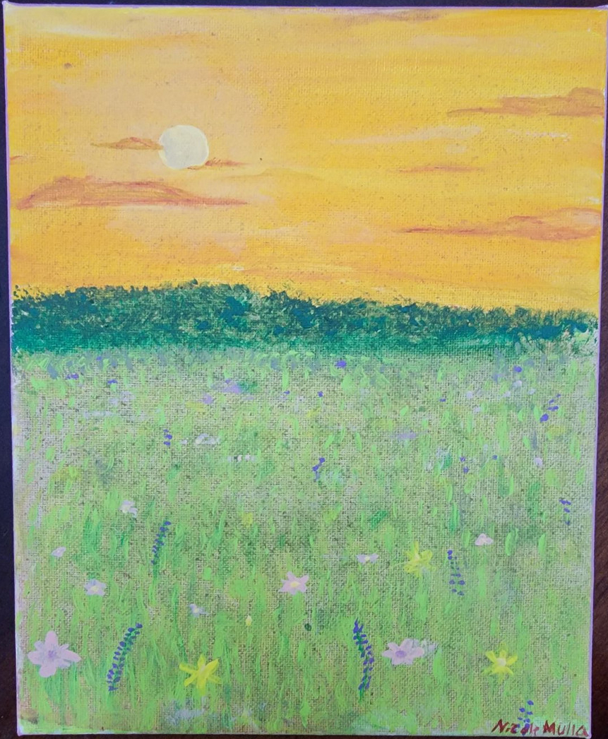 Green meadow with wildflowers. Yellow sky behind.