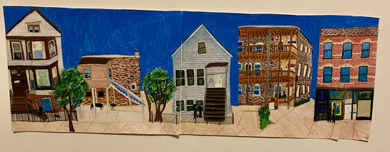 Pencil drawing of several different types of houses (5) lined up next to each other on a sidewalk.