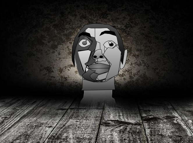 Black and white digital drawing of a face hovering above a wood floor.