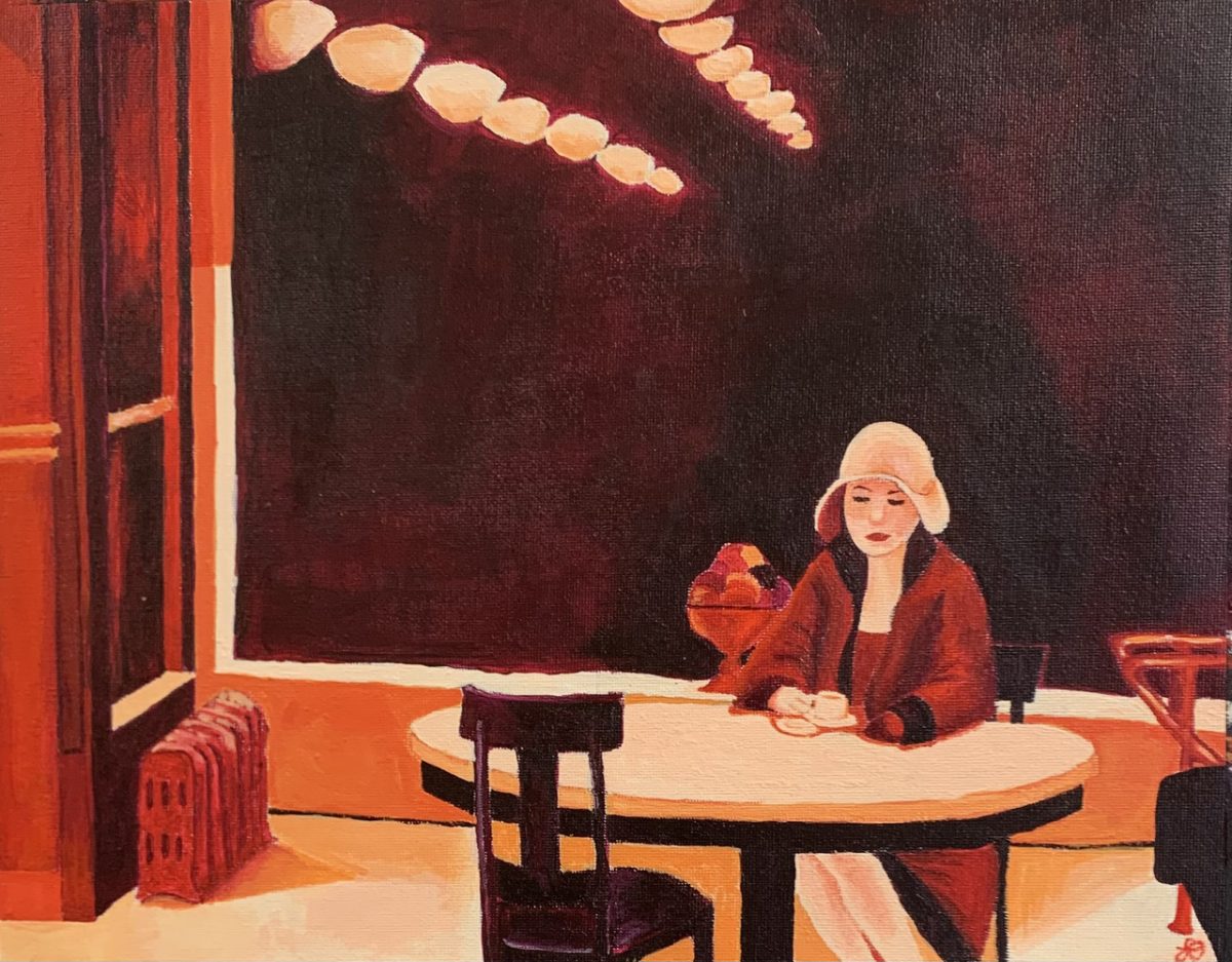 Painting of a woman in a dark, brown shaded room. She sits at a table in front of a large window.