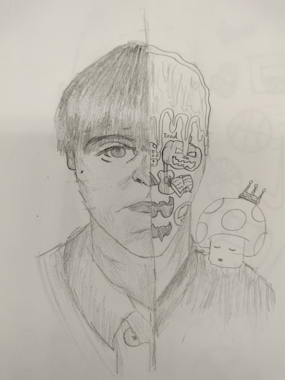 A portrait with different elements of personality on the right