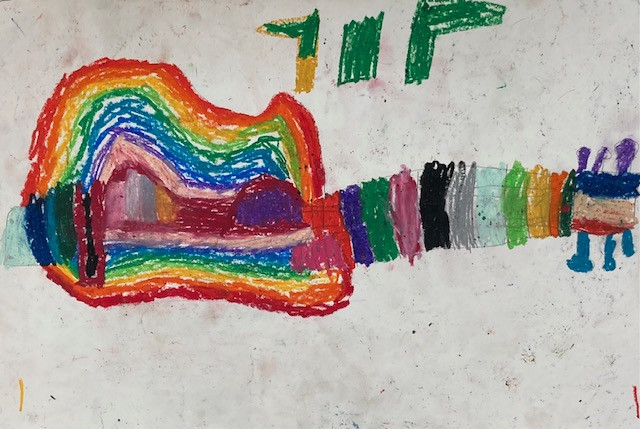 rainbow oil pastel still life of a guitar.