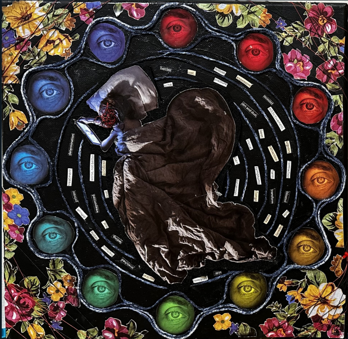 Circular background with a centralized figure.