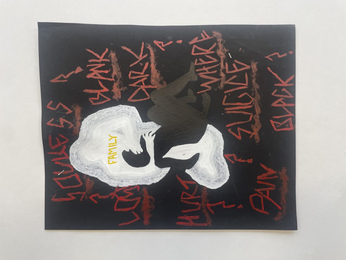 Person falling whilst a figure labelled family cradles them in a black void