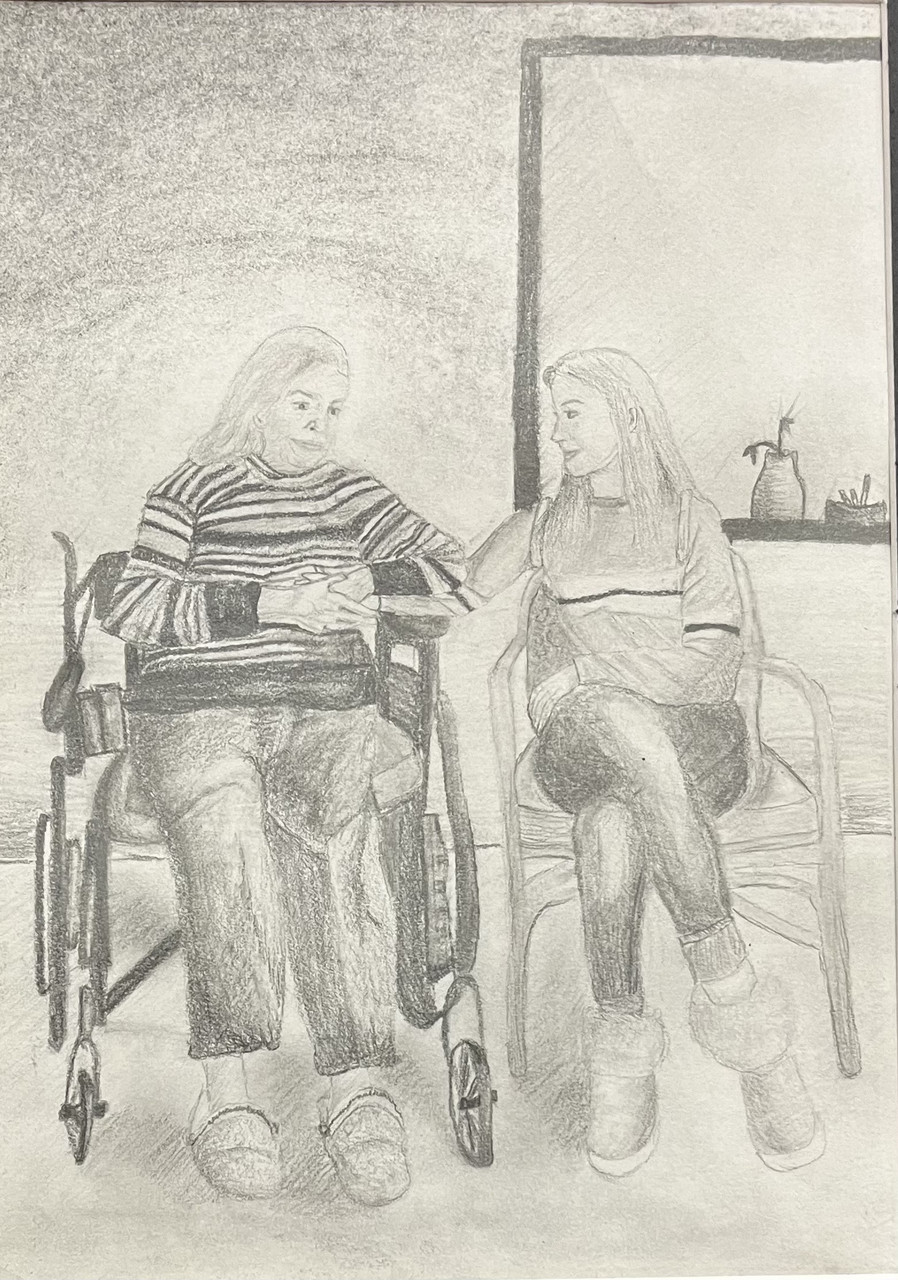 Grandmother in a wheelchair sits with a young girl outside a small window