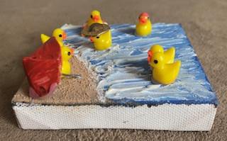 paint, cardboard, plastic on canvas, yellow ducks on water