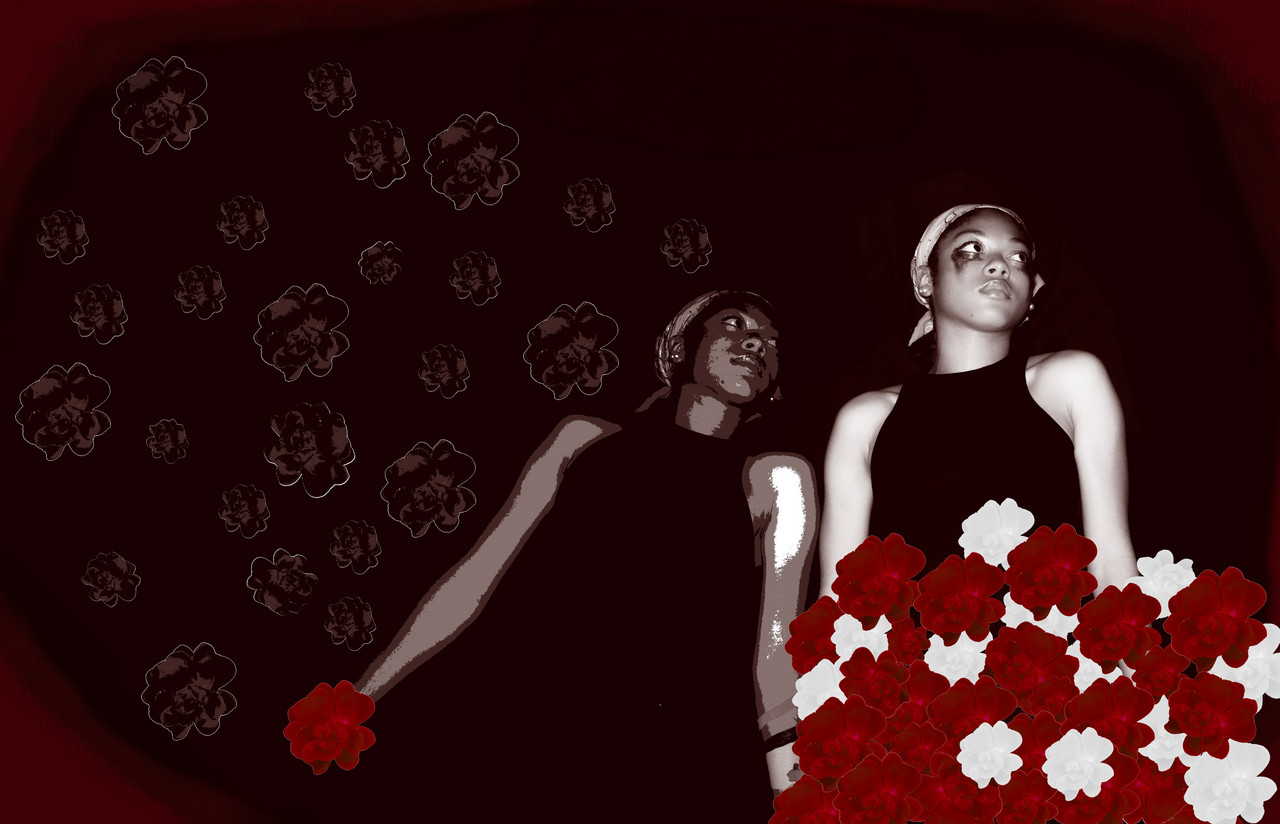 Edited image of two women in a red background with red and white animated flowers on the bottom right corner.
