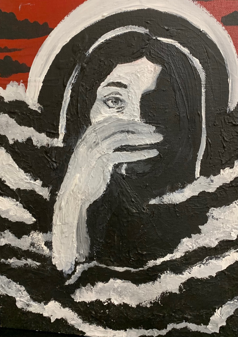 Black and white girl covering him mouth while foggy clouds surround her.