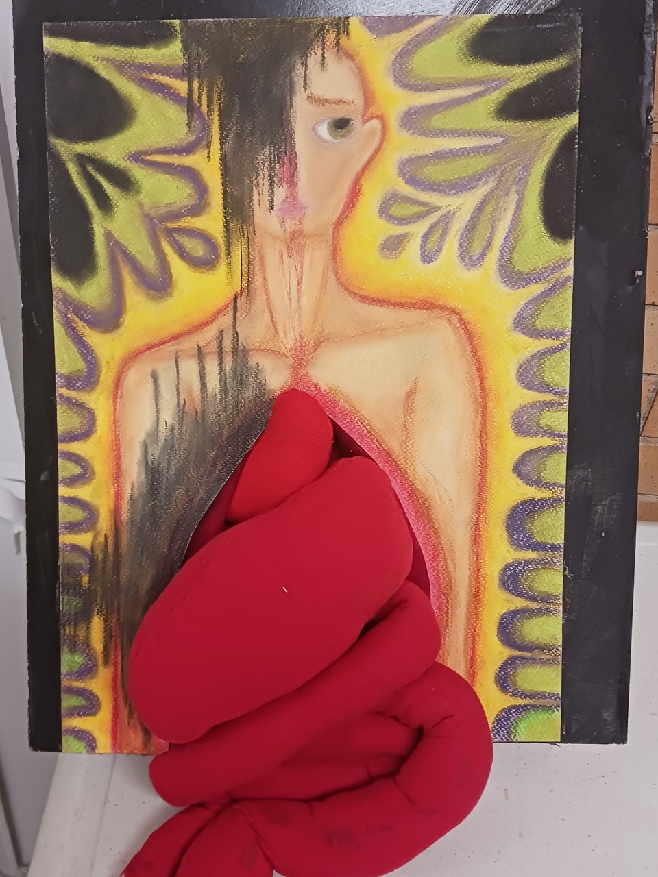 fabric and paint mixed media body red orange yellow