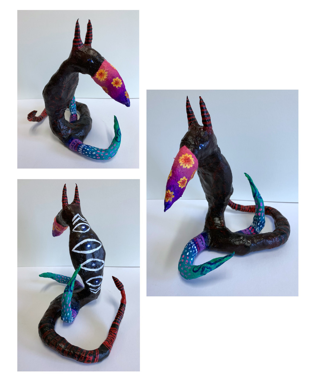 3D sculpture of a creature with three curvy legs, a colorful pink and orange beak, and a white pattern on its back.