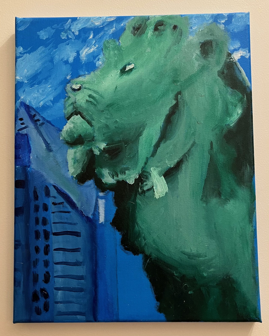 Painting of green lion statue in front of blue sky and skyscraper.