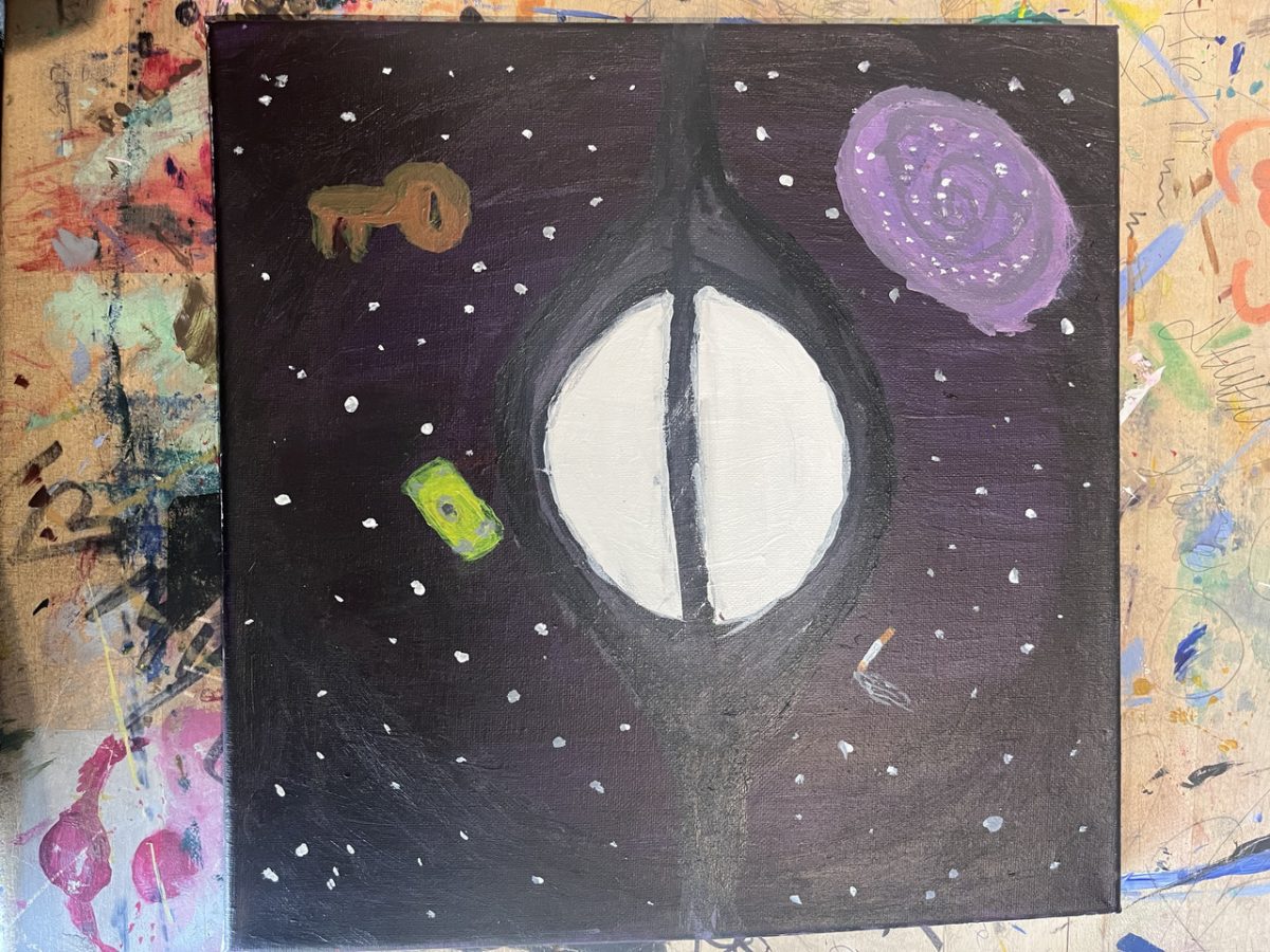 A "white hole" (the opposite of a black hole) spits out various objects like a cigarette, money, a key, and a galaxy