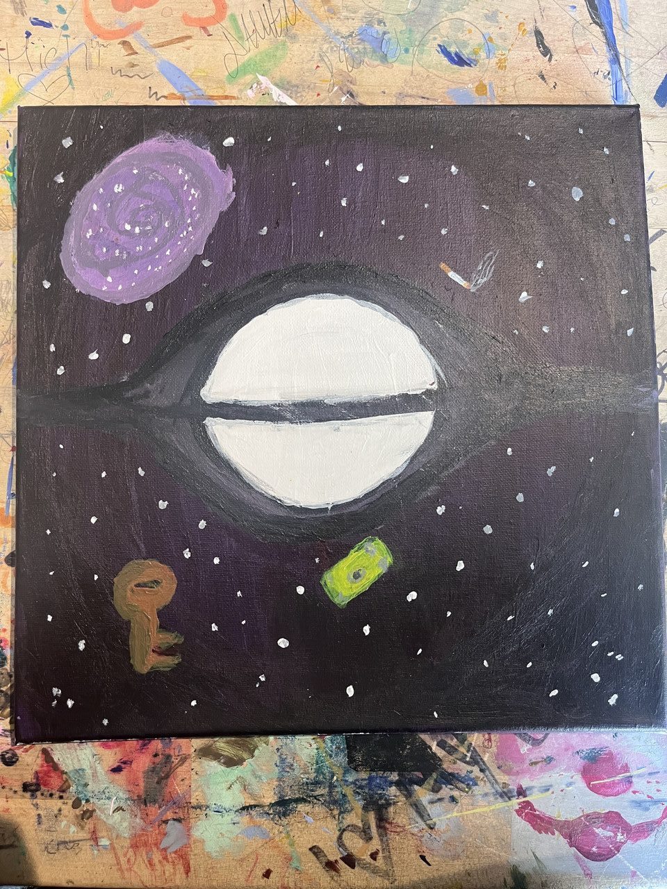 A "white hole" (the opposite of a black hole) spits out various objects like a cigarette, money, a key, and a galaxy