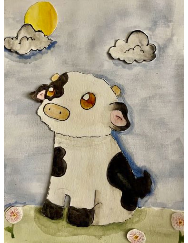 Watercolor calf cow sun landscape