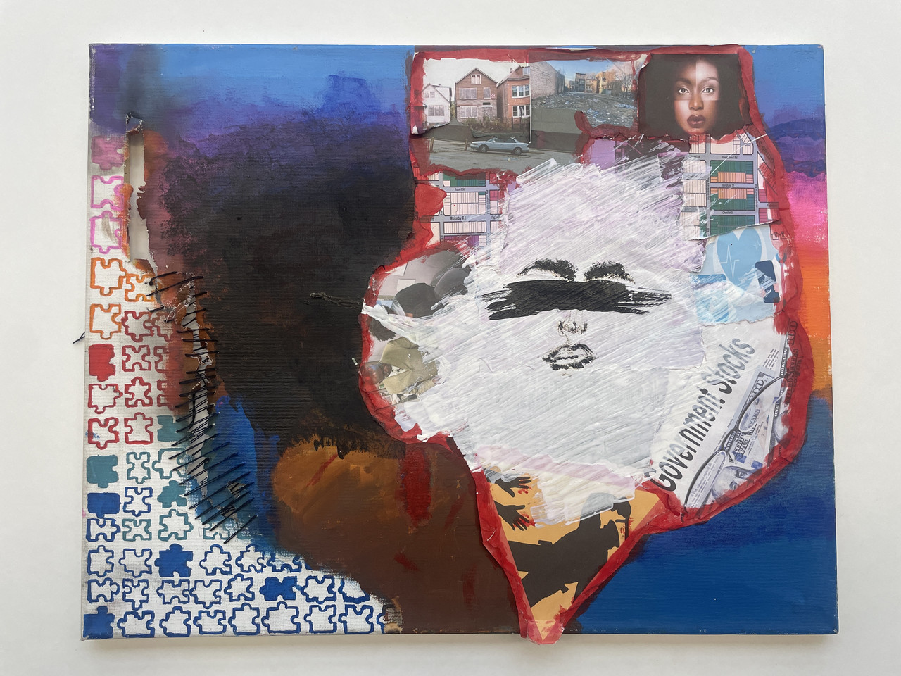 Disembodied face in the middle of a collage of neighborhoods in Illinois