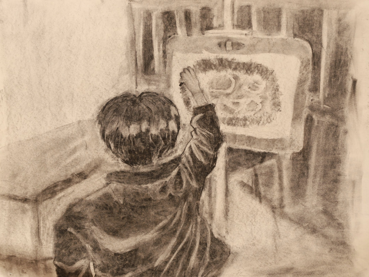 Classmate of the artist working on his own piece at an easel